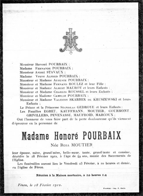 faire-part mortuaire de Rosa Moustier, épouse d'Honoré Pourbaix